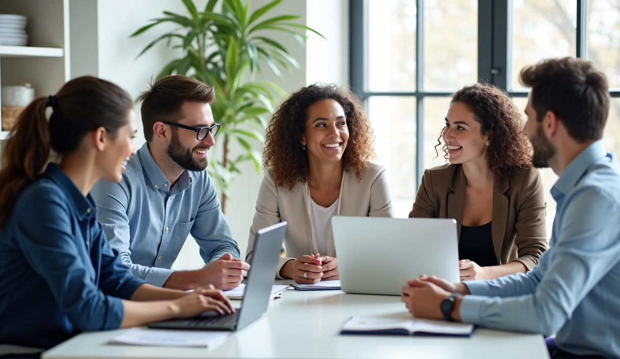 Professional image of a communication or support concept. A diverse group of people engaged in a friendly, professional discussion around a table, with laptops and notebooks. The background is a modern, bright office space with natural light. No text or symbols within the image.