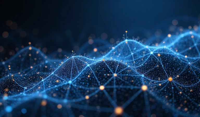 Abstract image representing data, trends, and future projections in the energy industry, with intertwined lines and glowing nodes.