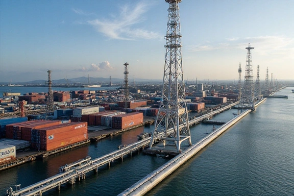 Global supply chain logistics with shipping containers and pipelines.