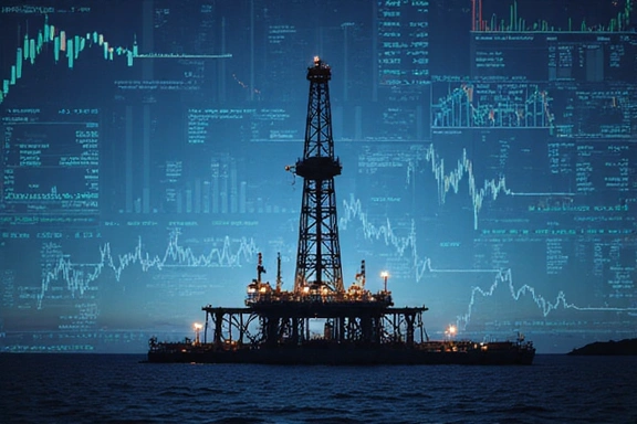 Global market charts and graphs overlaid on an oil rig.