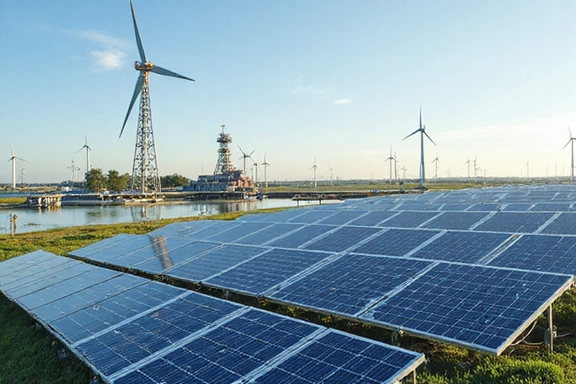 Sustainable energy sources like solar panels and wind turbines integrated with traditional oil infrastructure.