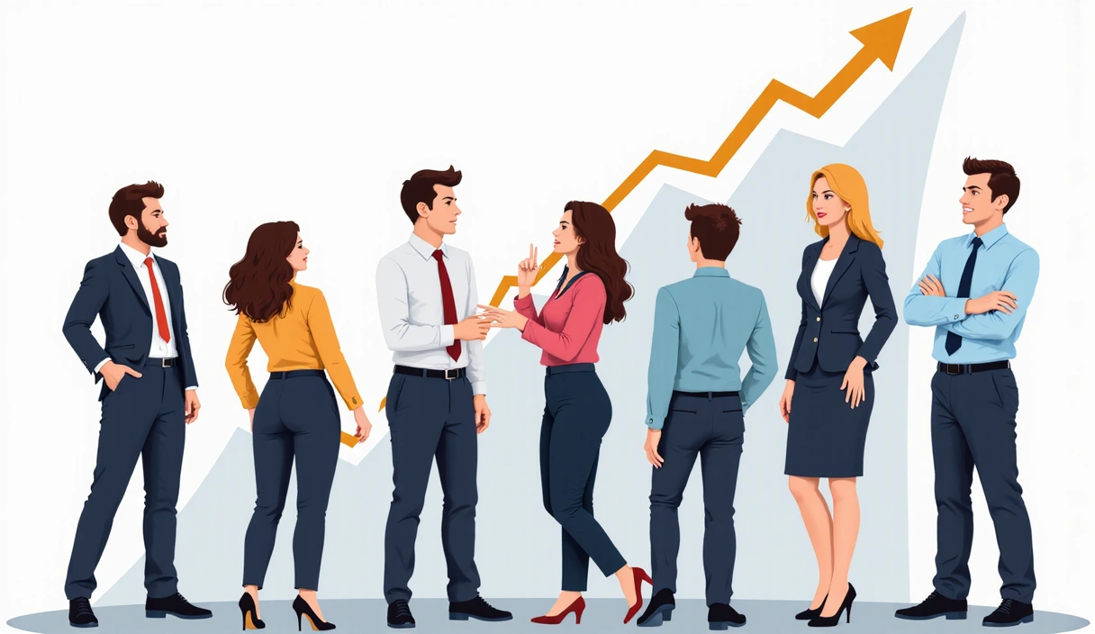 Diverse group of successful professionals looking confident and accomplished, set against a backdrop of abstract upward-trending graphs symbolizing growth and achievement. The image conveys success, collaboration, and professional development without text or symbols.
