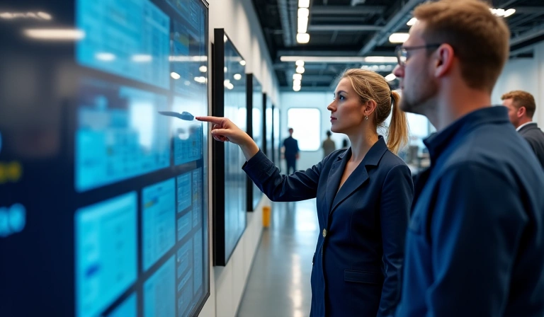 Image of a professional woman, Sofia, in a refinery control room, pointing at a screen and discussing with colleagues, representing operational efficiency and problem-solving.