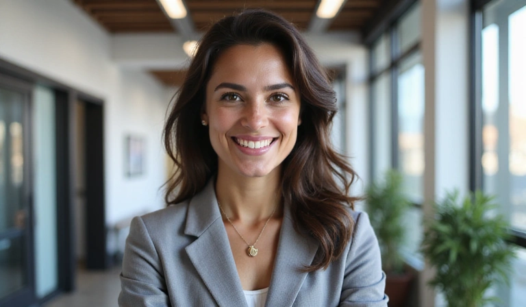 Image of a professional woman, Maria, smiling confidently in a modern office setting, representing career advancement and leadership.