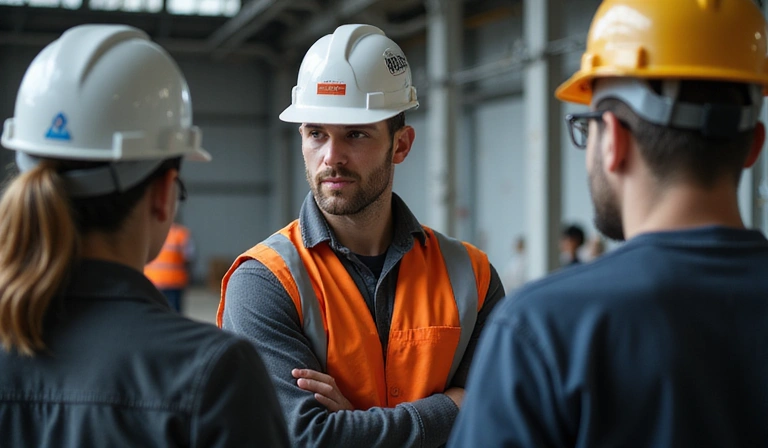 Image of a professional man, David, in a hard hat, looking determined and leading a discussion with a small team in a challenging industrial environment, representing crisis leadership and resilience.