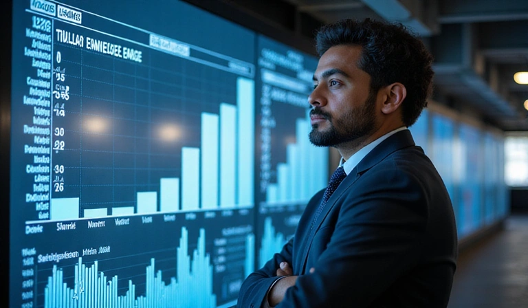 Image of a professional man, Ahmed, looking thoughtfully at a digital display showing renewable energy data, symbolizing a strategic career shift and adaptation.